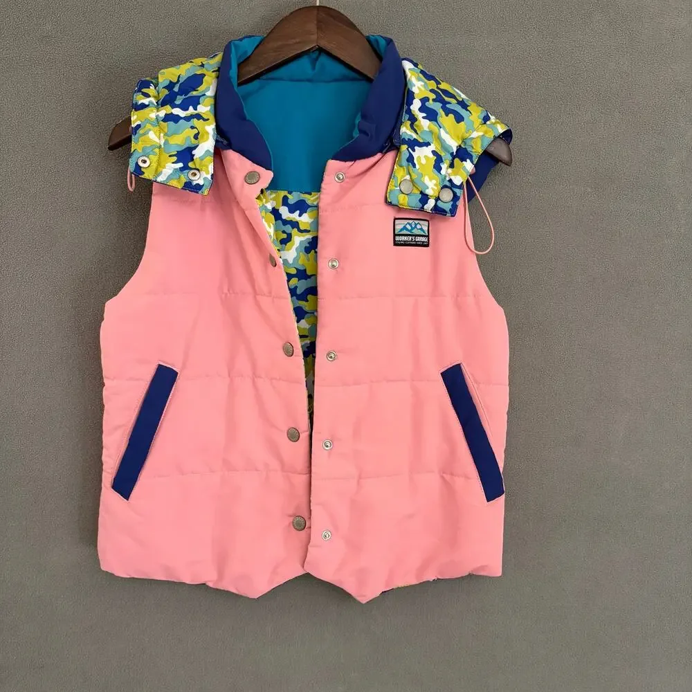 Kids' Reversible Pink & Camo Hooded‎ Puffer Vest by Worker's Garage L/XL